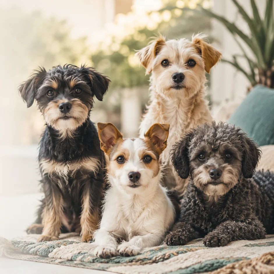 Small dogs resting together in a bright, welcoming home